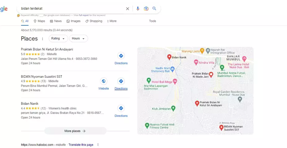Lokasi Bidan Terdekat berdasarkan Google